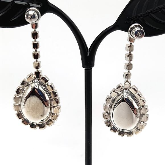 Vintage Green Rhinestone Drop Earrings, Clear Crystal, 1990s Statement Jewelry - Picture 5 of 10